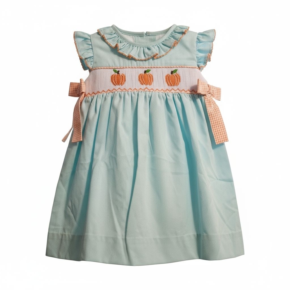 NWT Southern Smocked Co. Charming Smocked Pumpkin Dress - Blue and Orange Sz 18M